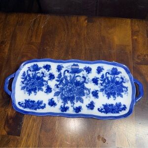 Blue and White Floral Serving Tray Handles Flow Blue Vintage